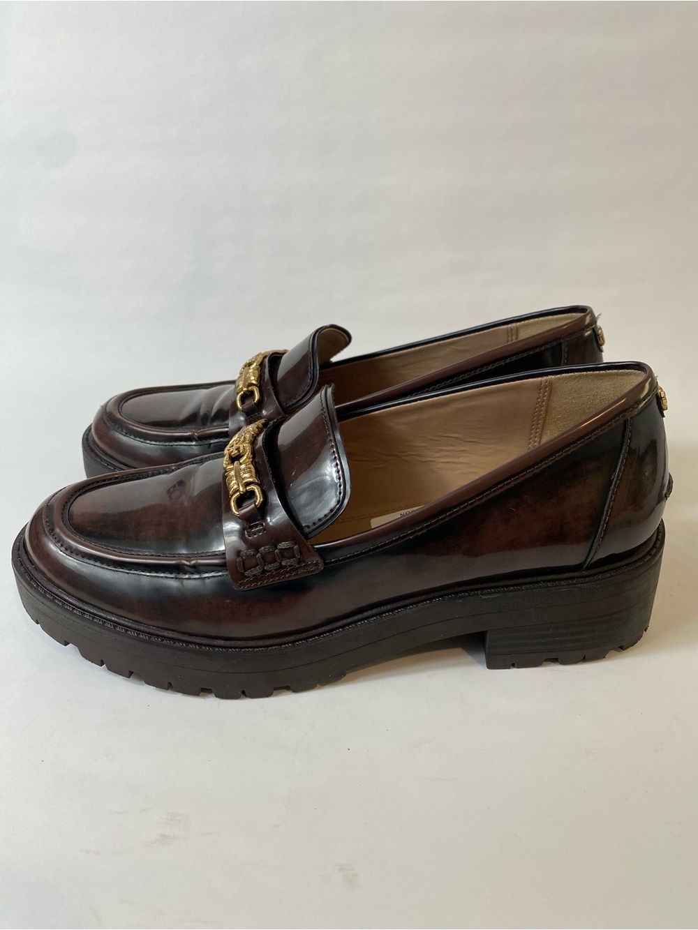 Sam Edelman Dark Brown Patent Leather Loafers with Gold Chain - Picture 10 of 12